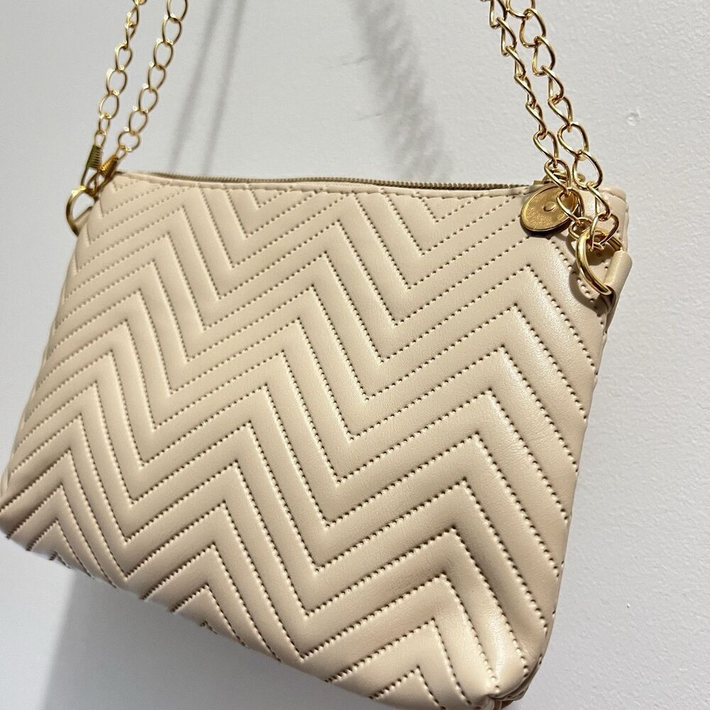 7.5”x6” Beige Tan Leather Purse‎ Clutch Shoulder Cross Body Bag gold chain strap - Picture 2 of 7